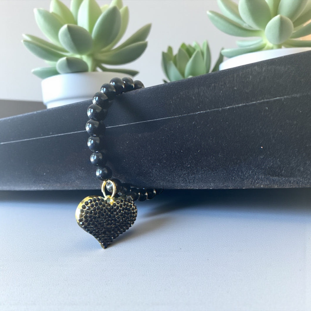 8mm Black Beaded Bracelet with Heart Charm