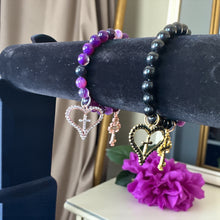Load image into Gallery viewer, 8mm Purple Beaded Bracelet with Heart Cross Charm
