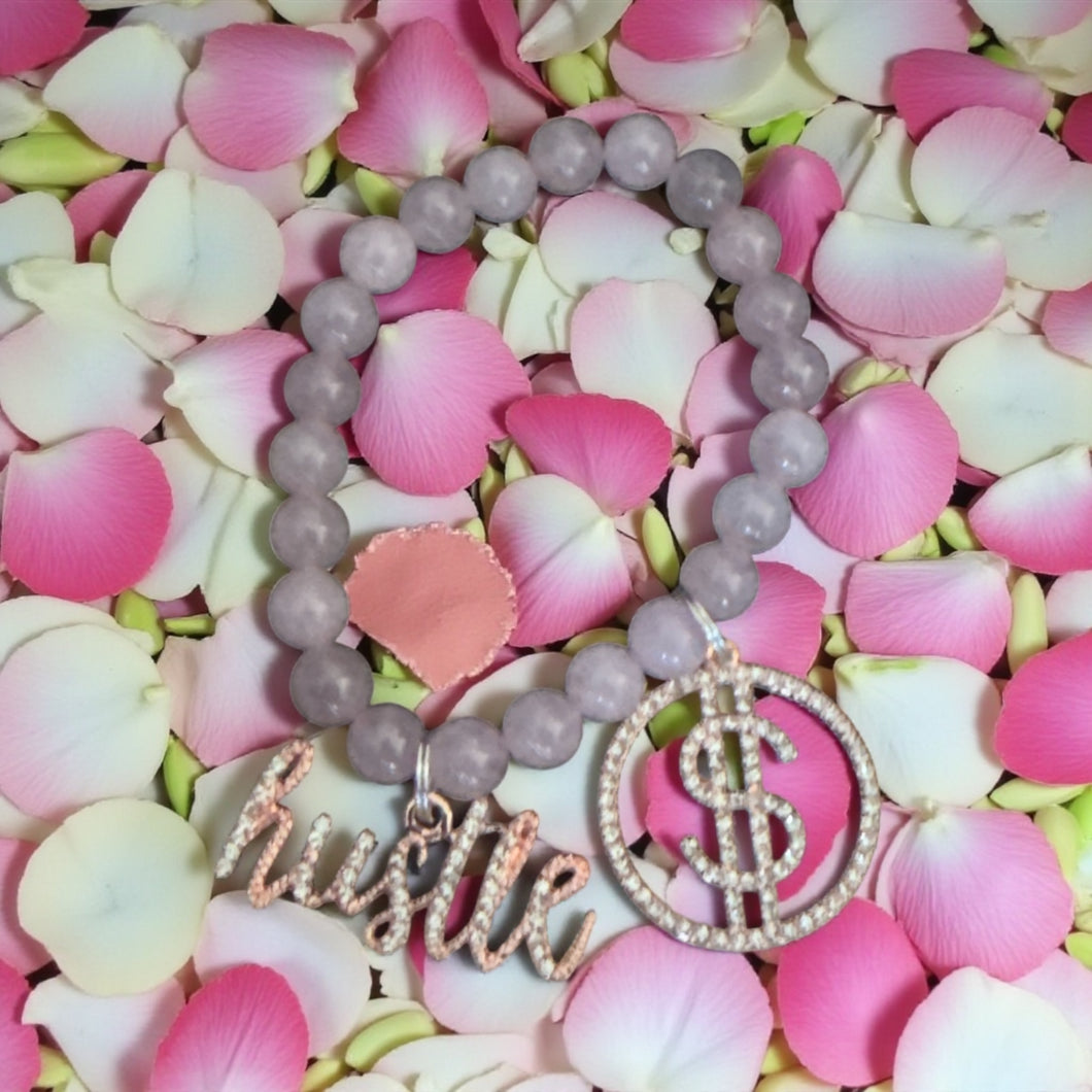8mm Light Pink Beaded Bracelet with Hustle/ $ Charm