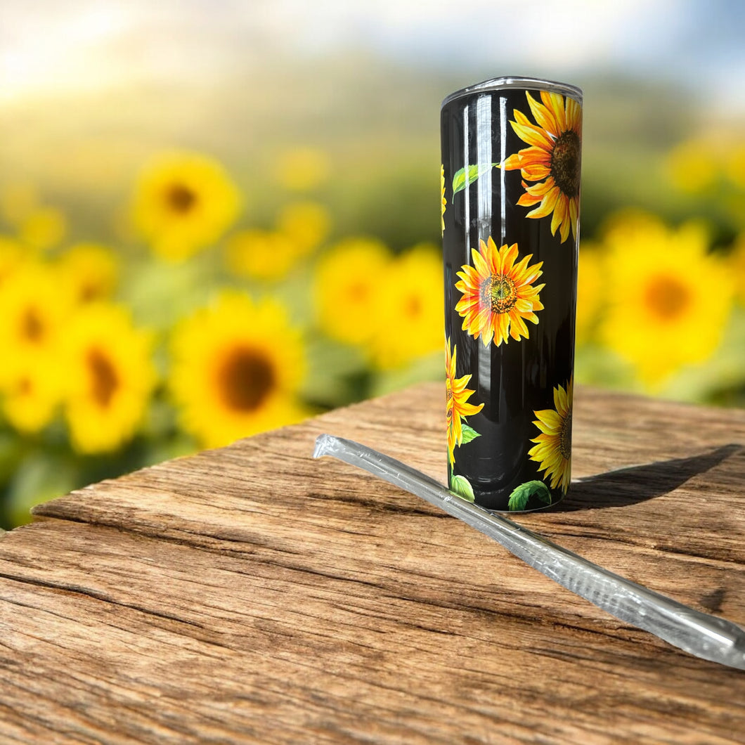 20oz Black Daisy Flower Stainless Steel Skinny Tumbler
