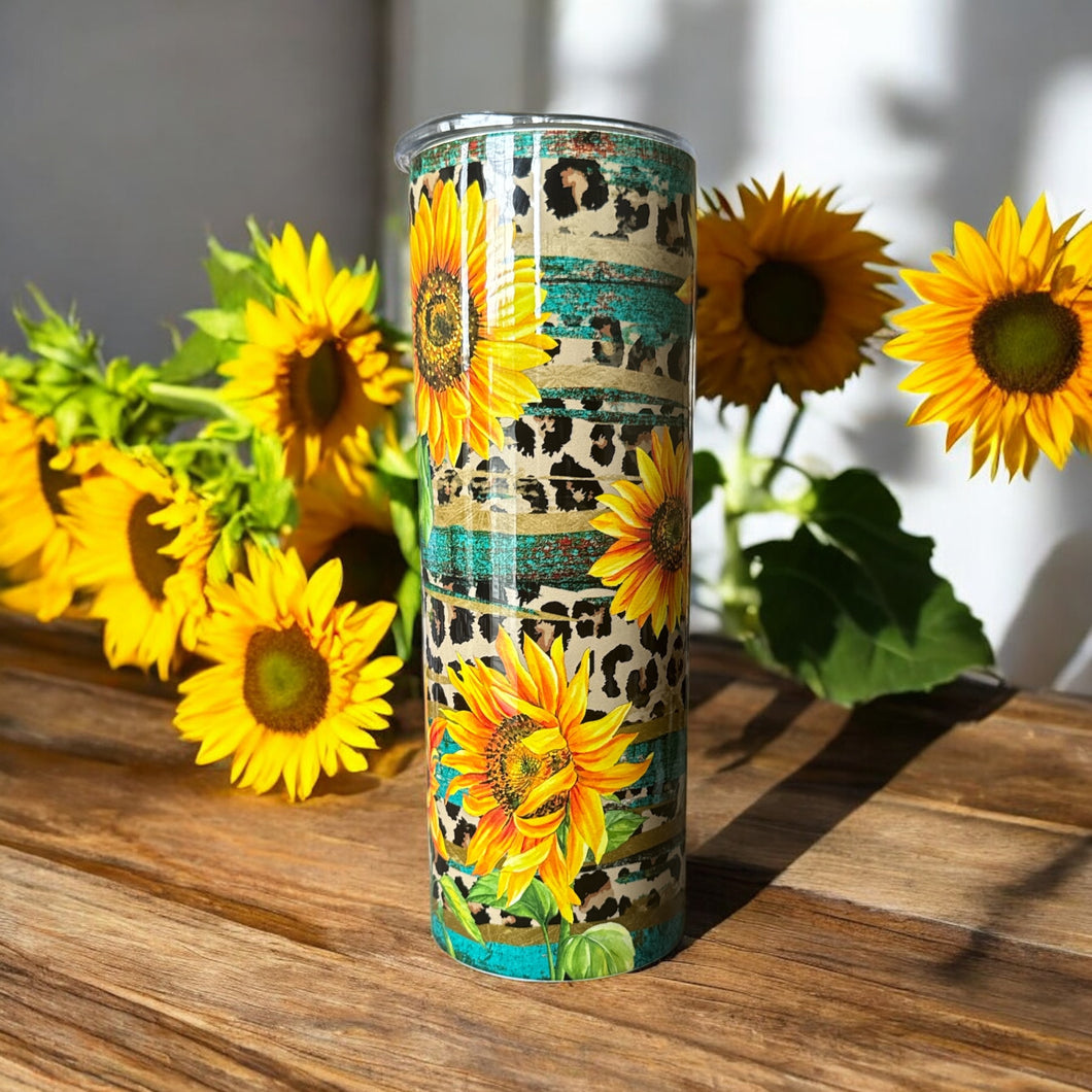 20oz Green Leopard Daisy Flower Stainless Steel Skinny Tumbler