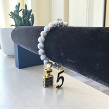Load image into Gallery viewer, 8mm White/Black Beaded Bracelet with N&#39;5 and Large 5 Charm
