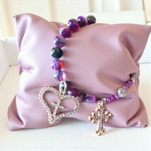 Load image into Gallery viewer, 8mm Purple Beaded Bracelet with Heart Cross Charm
