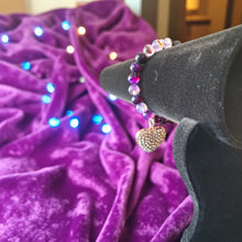 Load image into Gallery viewer, 8mm Purple and Black Beaded Bracelet with Heart Charm

