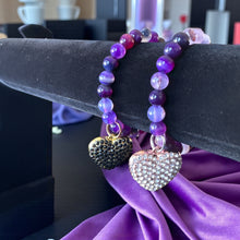 Load image into Gallery viewer, 8mm Purple and Black Beaded Bracelet with Heart Charm
