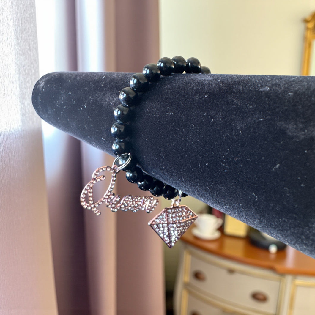 8mm Black Beaded Bracelet with Queen Diamond Charm
