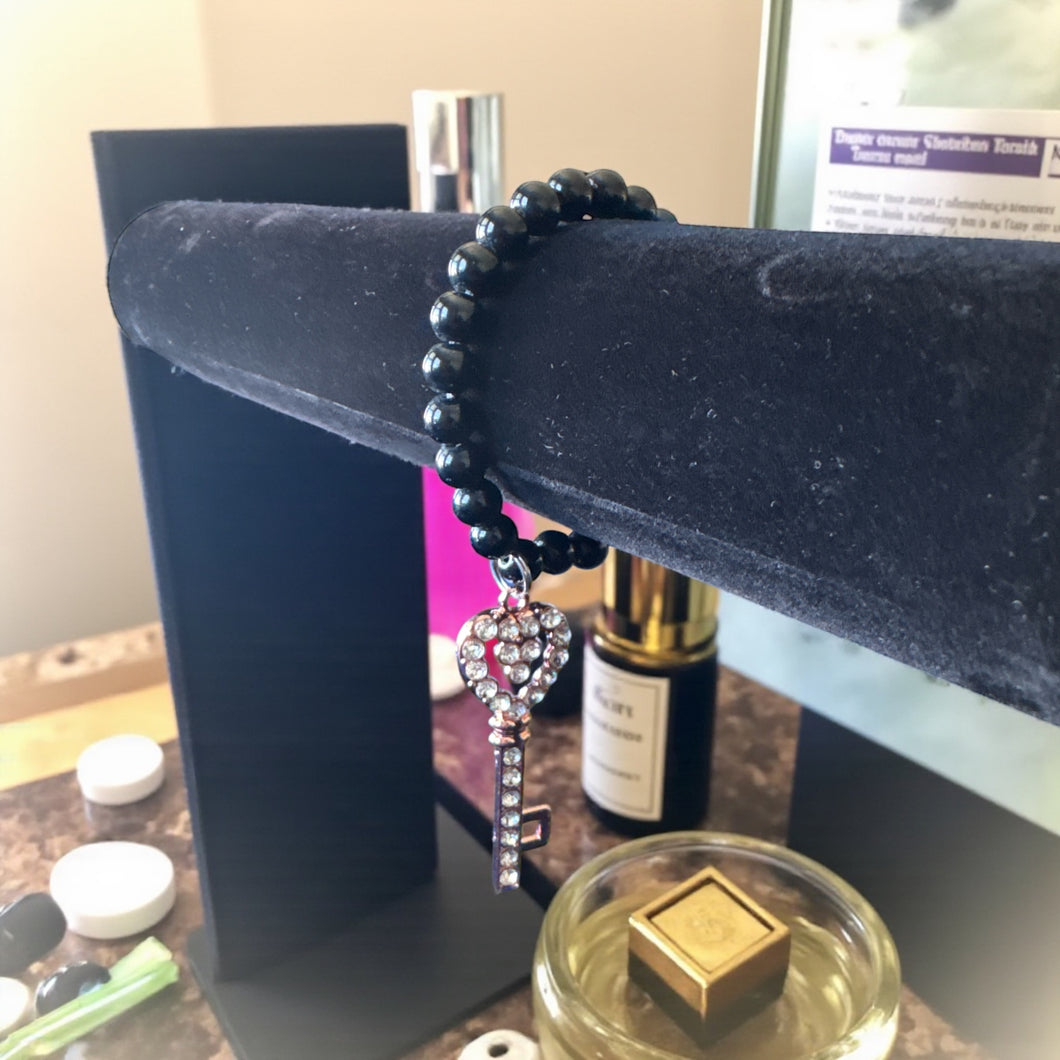 8mm Black Beaded Bracelet with Large Key Charm